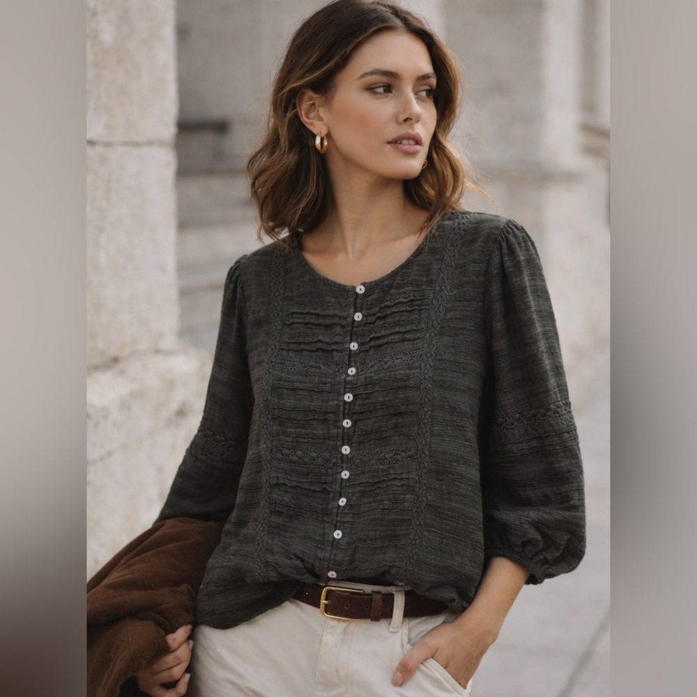 Lucky Brand Charcoal Gray Crinkle Textured Poplin Blouse
